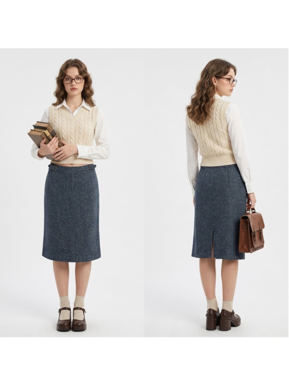 Vintage Mary-Kate and Ashley Blue Tweed Midi Skirt Y2K Academia Size 14 Buckles